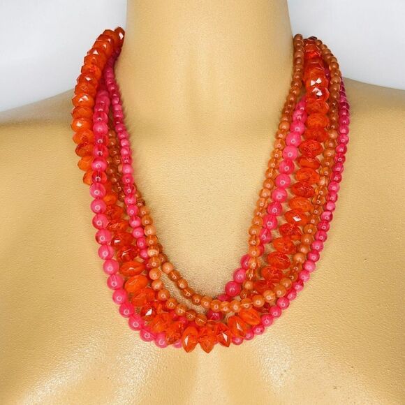Vintage Necklace Mixed Beads Orange Pink Red Multi Strand Beaded Celluloid 4761 - Picture 1 of 9